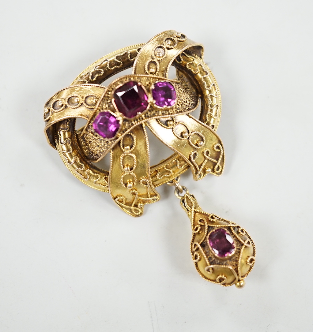 A Victorian yellow metal and foil backed garnet? set cannetile work drop brooch, 56mm, gross weight 12.7 grams.